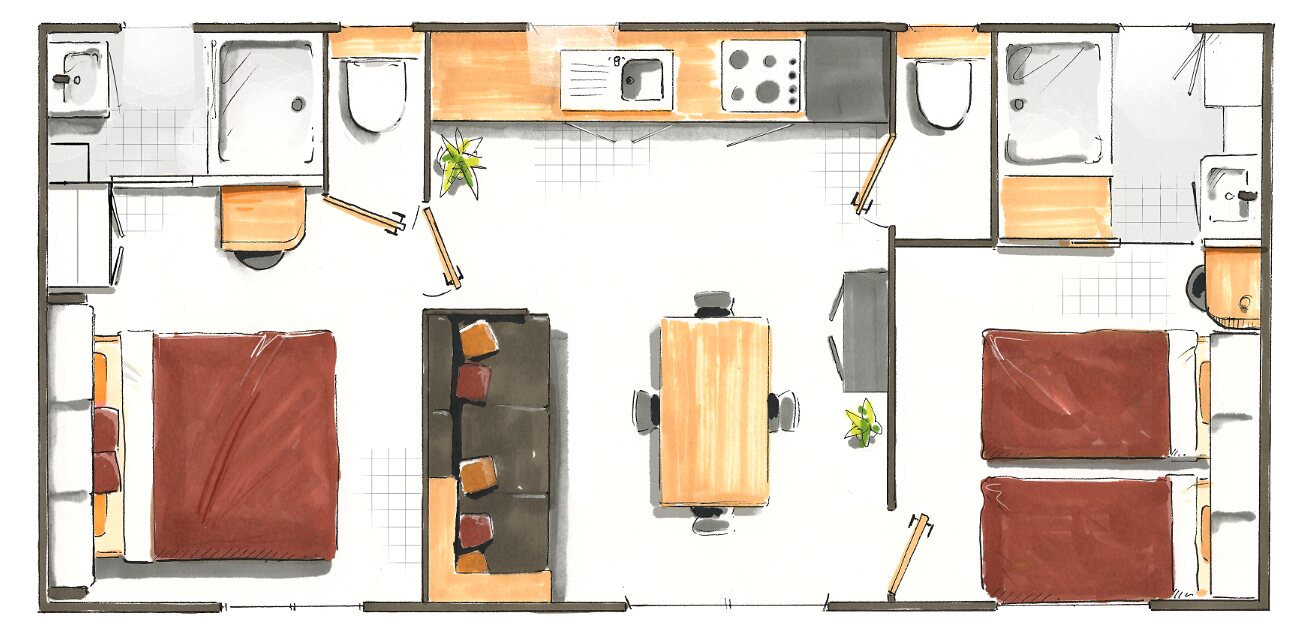 Plattegrond van de 4-bloemen-cottage Nautilhome voor 4 personen