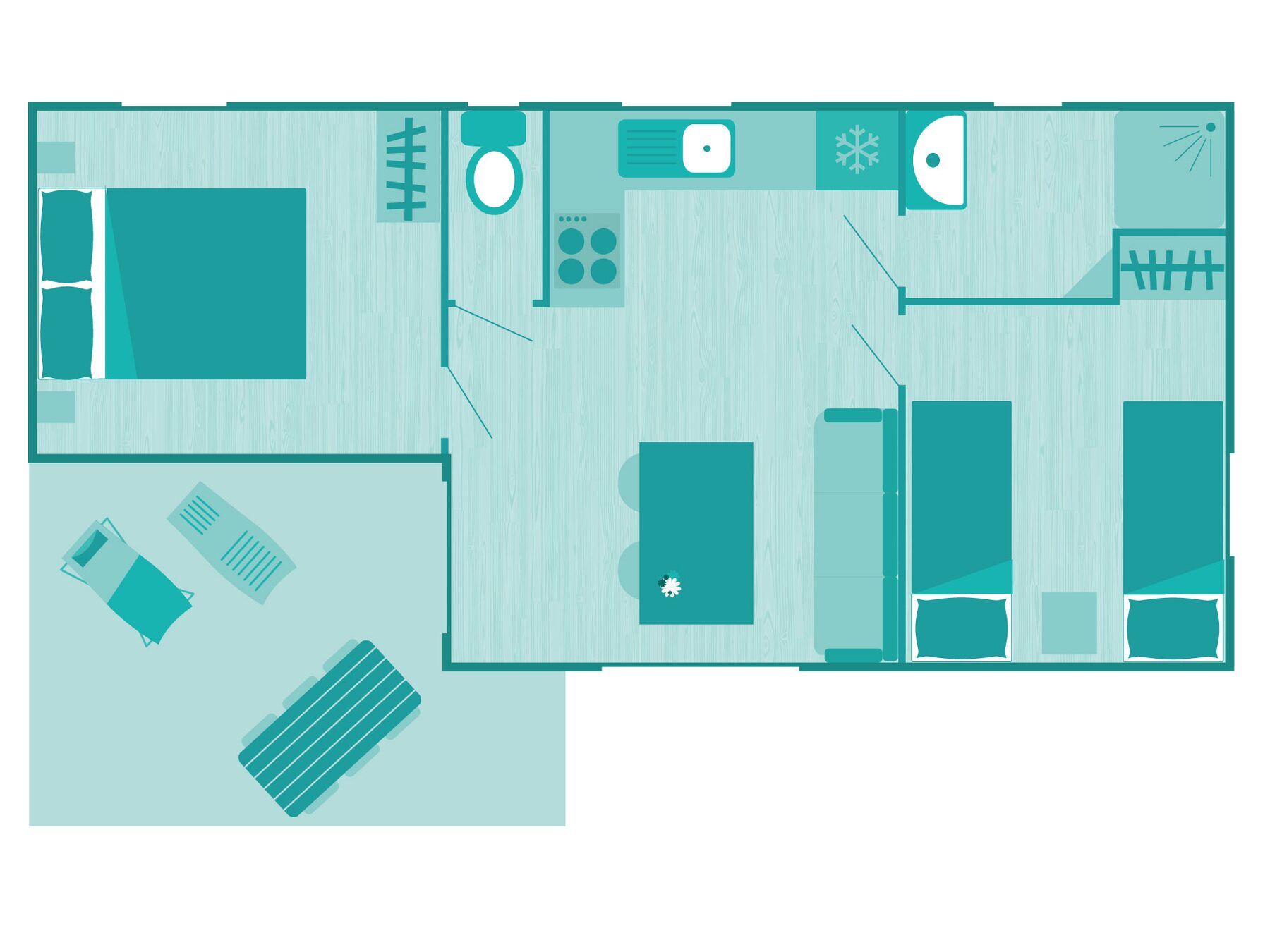Plattegrond van de 3-bloemen-cottage voor 4 personen