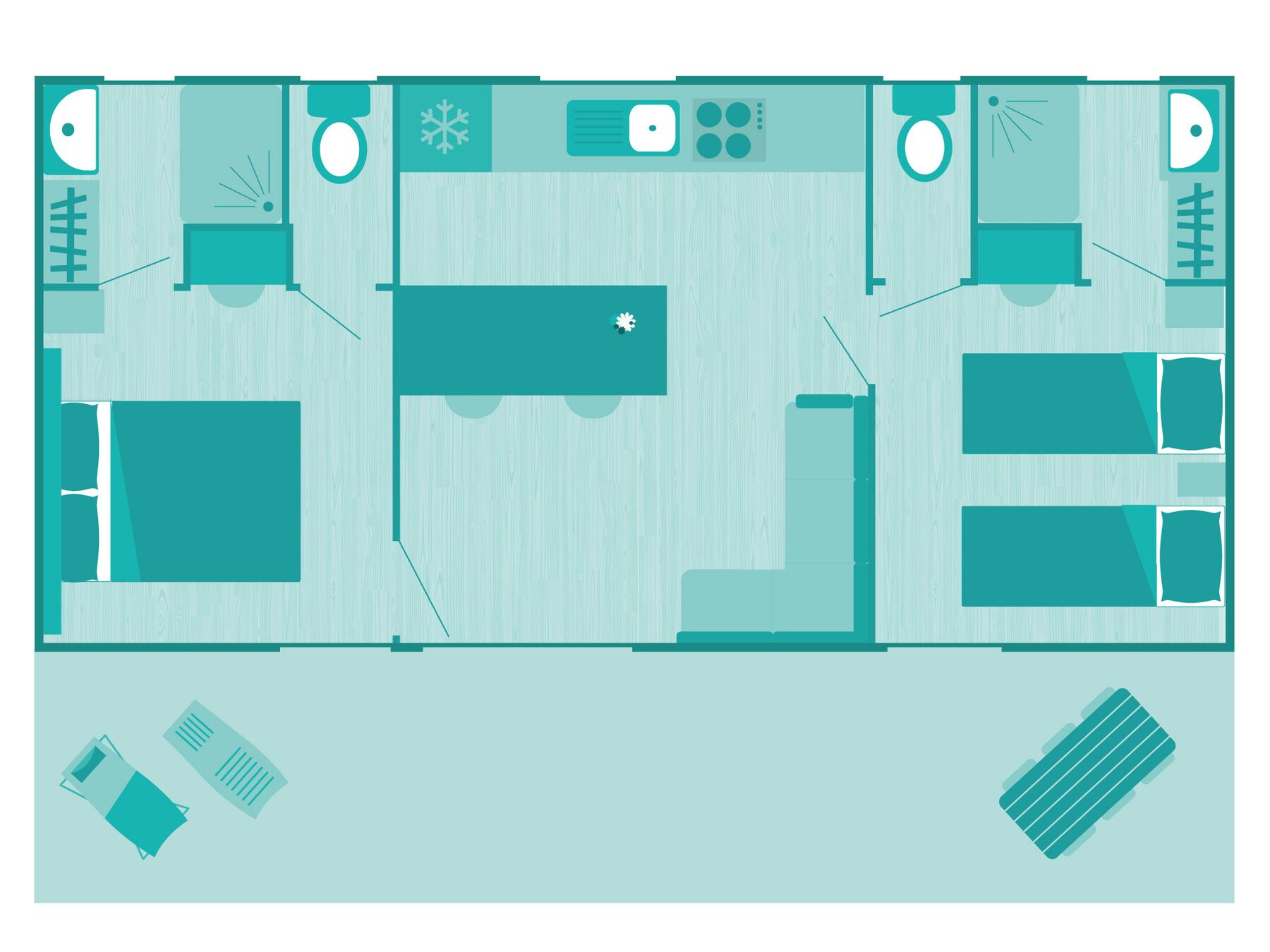 Plattegrond van de 4-bloemen-cottage voor 4 personen