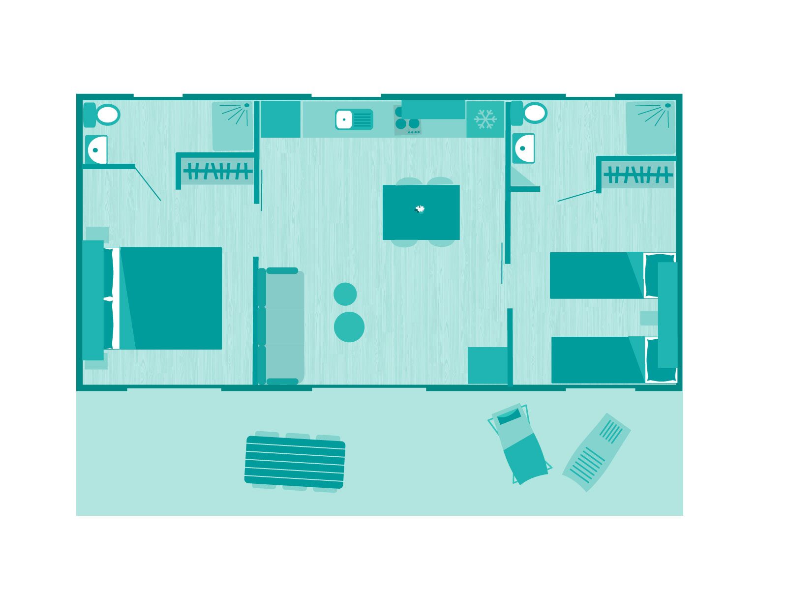 Plattegrond van de Premium-cottage Nautilhome met zicht op het meer voor 4 personen