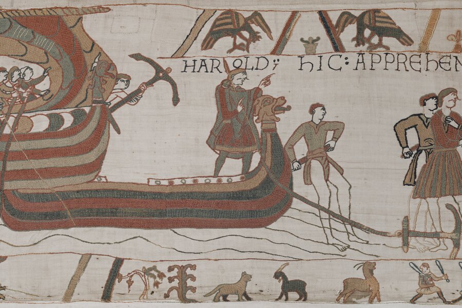 Een scène uit het wandtapijt van Bayeux: de vloot van Willem steekt het Kanaal over