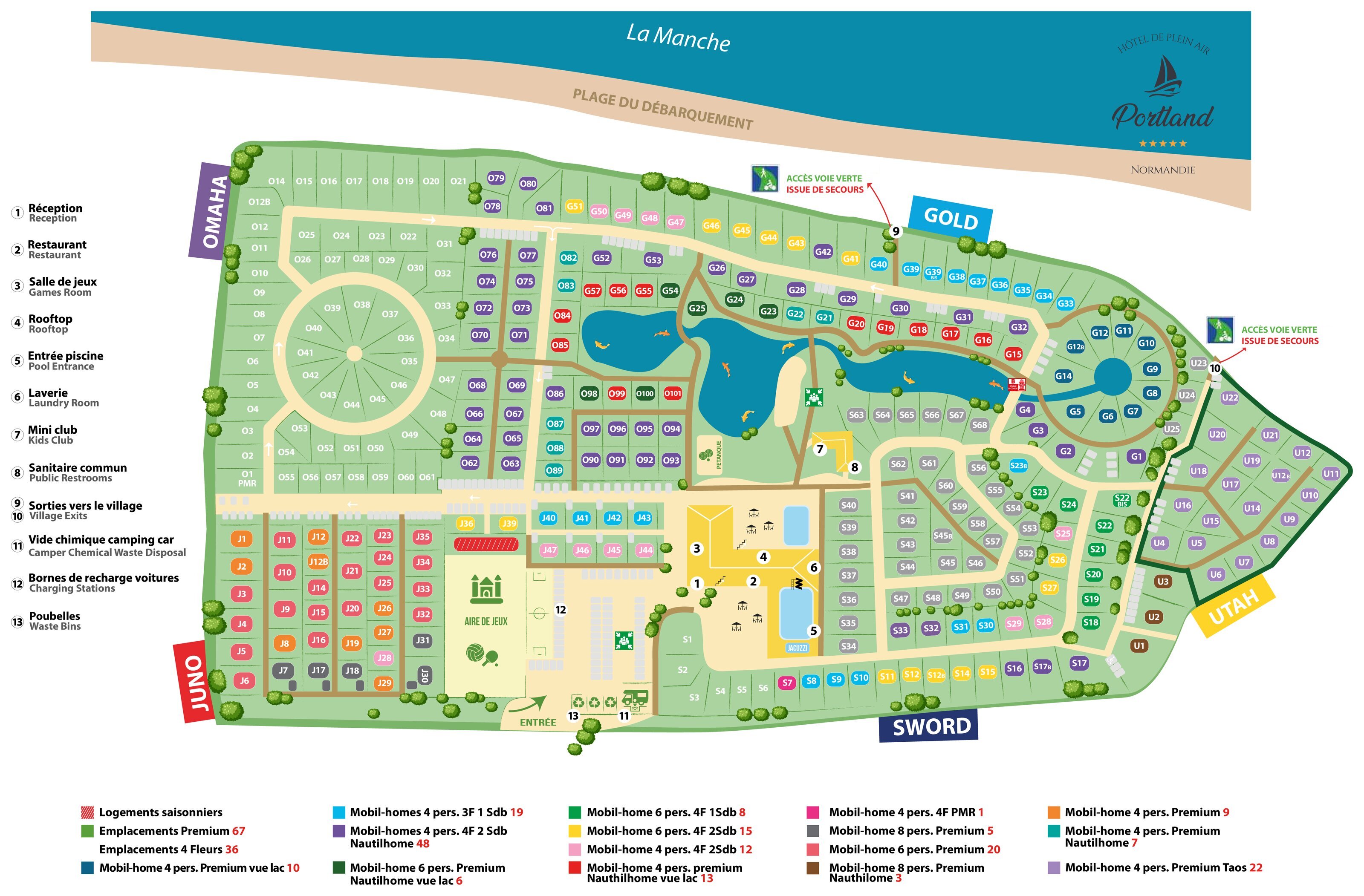 Plan 2026 du camping Portland à Port-en-Bessin : emplacements, hébergements, espace aquatique et services
